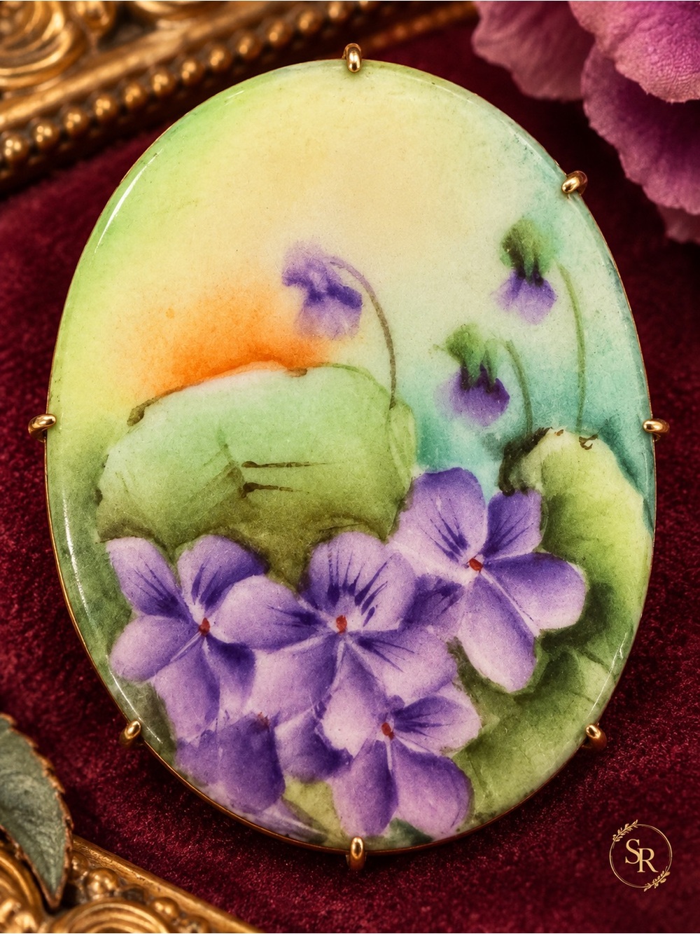 Vintage Hand Painted Porcelain Violet Floral Brooch Prong Set Large 2.5”